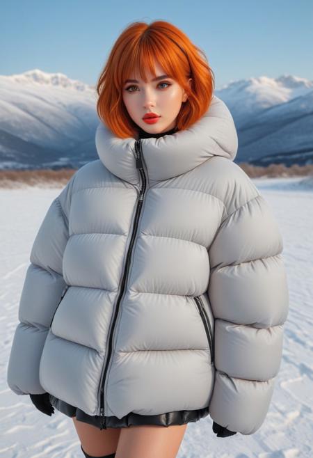 Oversized padded down jacket, Oversized padded puffer jacket, Oversized padded winter clothes, down vest, puffer vest, very very cold, cowboy shot, snow, winter, field, snow field, outdoors, nature, standing, landscape, high distinct image, gloves, Realistic, artstation original character, masterpiece, best quality, highres, ultra_detailed, 4k, UHD, pixiv, ligne claire, noise reduced, distinct, vivid, orange hair, unreal engine, orange eyes, hair ornament, sidelighting, detailed face, lipstick, perfect body, beautiful eyes, pretty face, 1girl, bishoujo, cant be this cute, bright skin, young girl, bangs, short hair, padded cuffs, padded collar, Thick padded cuffs, Thick padded collar, <lora:Collar-SDXL:0.6>, <lora:Cuffs-SDXL:0.6>, <lora:Puffer_Jacket_and_Down_Jacket_-_Extra_Puffy_Jackets:0.6>,  <lora:puffer_skirt_v1:0.6>