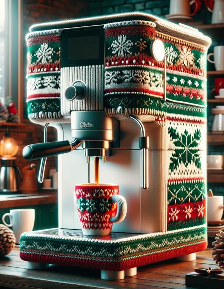 <lora:SDXLChristmasSweater:1>christmassweater, dynamic shot of an ugly sweater coffee machine, piping hot cup of coffee