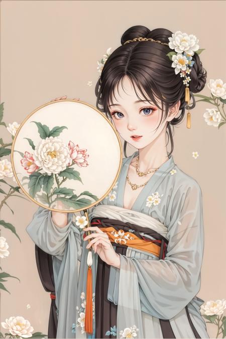 Holding a round fan with a pendant on the handle, the fan is embroidered with peonies, white pear flowers, and azaleas, 1 girl, Tang Dynasty costume,