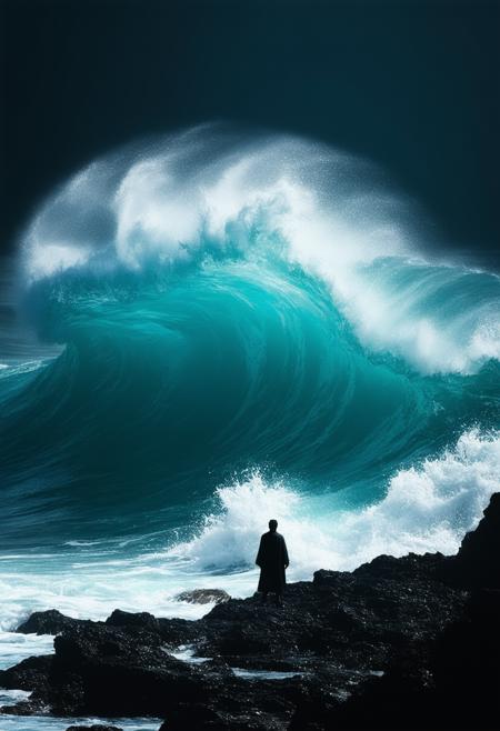 Extreme low-angle: a solitary, desaturated obsidian watcher, frozen mid-gesture, observes colossal, cataclysmic turquoise waves exploding against jagged basalt cliffs. Caravaggio's tenebrism, Hokusai's dynamic force. Dramatic chiaroscuro sculpts the monochrome watcher; intensely saturated, energetic impasto defines the vibrant waves. Glistening obsidian, frothy water. Harsh directional light, deep shadows. Awe-inspiring power, suspended impact. Air thick with crystalline salt spray, frozen mid-air. Stillness against chaos.