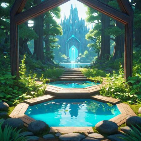the forest, magical sparkling lake, heartstone original art style, gateway to another dimension, stylized concept art, symmetric concept art, relaxing concept art, cyan dimensional light, metal framed portal, magical portal opened, serene illustration,hexagonmosaic, low poly, isometric art, 3d art, high detail, artstation, concept art, behance, ray tracing, smooth, sharp focus, ethereal lighting, 3d render, 64K, UHD, HDR, octane render, masterpiece