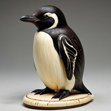 8k, score_9, score_8_up, score_7_up,
masterpiece,realistic,ultra detailed, vibrant colors,photo-realistic,
penguin made out of ivory,
A large, powerful creature, is standing to the ground, positioned in the center of the image.  The creature has dark, thick fur/hair covering its head and upper body.  Its face is a penguin features.The creature's body is soft and fat. The creature is in a dynamic stance, ready to sleep.  The color palette is muted, ranging from various shades of brownish-gray, and tan/beige, with accents of dark black and orange hues in the bat wings. The lighting is diffused, creating soft shadows that highlight the creature's form and details. The style of the image is detailed, stylized, and evocative of a video game character design. . The composition is sharp, clear, and draws the viewer’s attention to the creature’s power.  The creature's orientation is looking slightly downward, almost at the viewer, from a low angle perspective.
white background,
Protruding from the frame, ebony, ivory, scrimshaw, bone carving,
