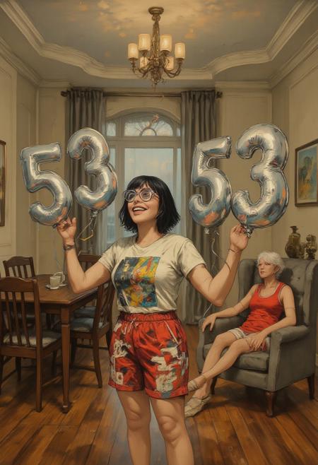 Abstract oil painting, vibrant colors, rough texture, broad brush strokes. Close-up portrait of a young woman with short bob, big round glasses, bare shoulders. The image is a photograph capturing a joyful moment inside a cozy, well-lit living room. The central subject is a woman with a light skin tone, wearing a casual outfit of a white T-shirt with a graphic print and red shorts adorned with white and black patterns. She has short, dark hair and is smiling broadly. In her hands, she holds two large, shiny silver helium balloons, each displaying the number "53" in bold, metallic letters. She is also wearing light-colored slippers.
In the background, another woman with white hair, wearing a red tank top and white shorts, is seated on a grey armchair. The room features a polished wooden floor, a dark brown dining table with chairs, and a modern chandelier hanging from the ceiling. The walls are painted a soft beige, and there is a decorative crown molding at the top of the walls. A grey cushion with a subtle floral pattern is placed on the armchair next to the second woman. The overall ambiance is warm and inviting, with a focus on celebration and familial bonding.