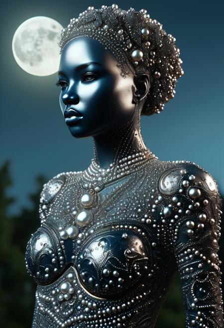 Pearlum, close up, side view, mature African female, detailed skin, pouting, innocent, inviting pose, natural lighting, at night, moon rays, ethereal cool hour, film grain, (bokeh:1.3), Porta 160 color, shot on ARRI ALEXA 65, sharp focus on subject, Fujifilm XT-3, fully dressed, devil girl with a black heart and voraciousness for cruelty, Surrealist photograph, Dramatic Getty Images, sad and melancholy but frightening, breathtaking, detailed, expansive, photorealistic ultra high definition, highest quality, ultrarealistic!, perfect composition, dramatic action, sharp focus, intricate details, highly detailed, experimental angles, terrifying experimental lighting, rule of thirds, melancholy, dramatic, horror, highly detailed, fear invoking,  highly detailed, regal beauty, regalres, navy blue + burgundy + gold color scheme, palace, thrown, forest.