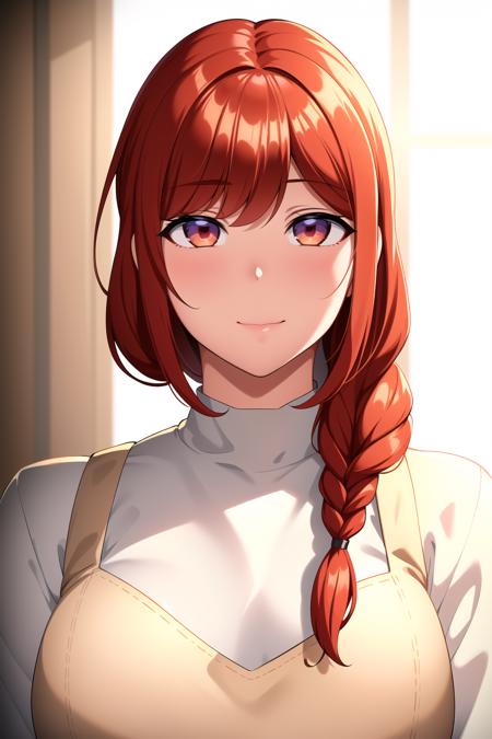 Simple White Background,
Yellow_shirt, long sleeves, (White_apron),
<lora:NatsumiObata_Seishidou-V1:0.7>,
Red_Hair, single braid,Bangs,Brown Eyes,
<lora:Oda_Non_Style-KK77-V2:0.1>,<lora:more_details:0.1>,
1 girl, 20yo,Young female,Beautiful Finger,Beautiful long legs,Beautiful body,Beautiful Nose,Beautiful character design, perfect eyes, perfect face,expressive eyes,perfect balance,
looking at viewer,(Focus on her face),closed mouth, (innocent_big_eyes:1.0),(Light_Smile:1.0),
official art,extremely detailed CG unity 8k wallpaper, perfect lighting,Colorful, Bright_Front_face_Lighting,White skin,
(masterpiece:1.0),(best_quality:1.0), ultra high res,4K,ultra-detailed,
photography, 8K, HDR, highres, absurdres:1.2, Kodak portra 400, film grain, blurry background, bokeh:1.2, lens flare, (vibrant_color:1.2),professional photograph,
(Beautiful,large_Breasts:1.4), (beautiful_face:1.5),(narrow_waist),