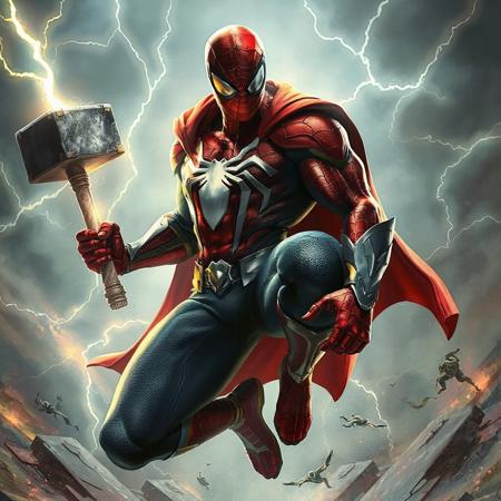 a muscle spiderman with an asgard god armor holding thor hammer with lightings and thunders flying saving people and defeating supervillians
