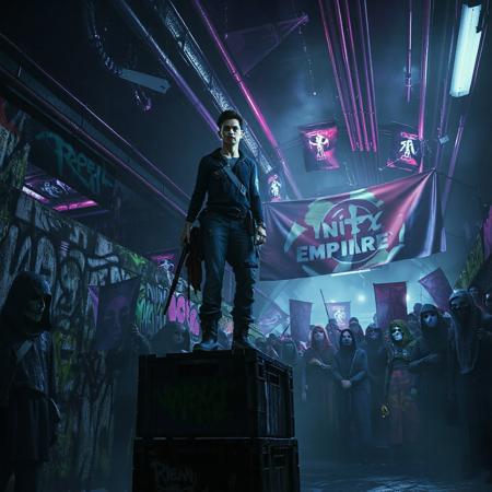 Deep beneath the polished towers of the Neon Empire, in the forgotten alleys and flickering underworld, a rebellion is born.
In a darkened subway terminal painted with holographic graffiti and the ghosts of empire, a lone rebel stands atop a crate, addressing a masked crowd.
Their face glows in the pulsing neon — defiant, scarred, half-cybernetic.
Behind them, banners ripple with anti-empire glyphs.
The crowd is diverse: former soldiers, hacked androids, cloaked data-smugglers, rogue AI priests.
Sparks fly from overhead cables; the city above doesn't know it's already cracking.
Cyberpunk underground resistance, cinematic 8K, tense shadows, neon graffiti, gritty detail, dynamic pose, dark rebellion energy.
