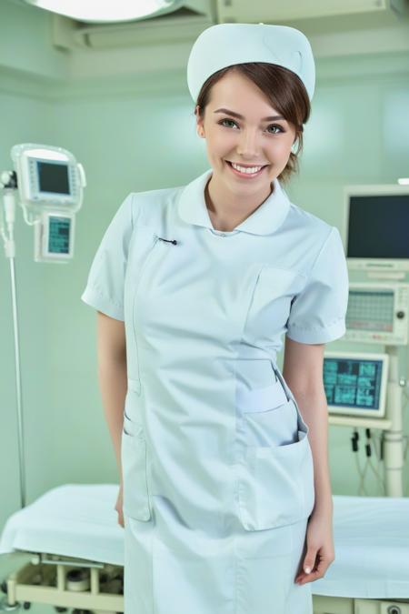 Inside a modern operating room, a young nurse wears white nurse uniform with nurse cap, with a gentle smile on the face.
 <lora:nurse_uniform_xl_v1-000003:1>