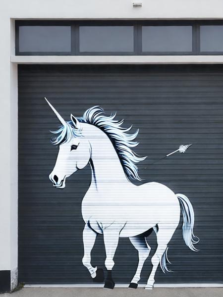 <lora:Banksy:1>a black and white photo of a painting of a unicorn holding a wand in front of a garage door by Banksy