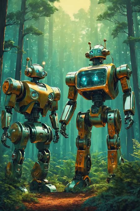 retro-futuristic robots, gaudy forest background