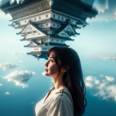 blue sky, architecture, east asian architecture, castle, floating island, airship, pagoda, above clouds, UDCS, realistic, 1girl, solo, long hair, breasts, bangs, brown hair, black hair, long sleeves, old woman,  <lora:Upside_Down_Castle_of_Binary_Planet_v1:0.8>