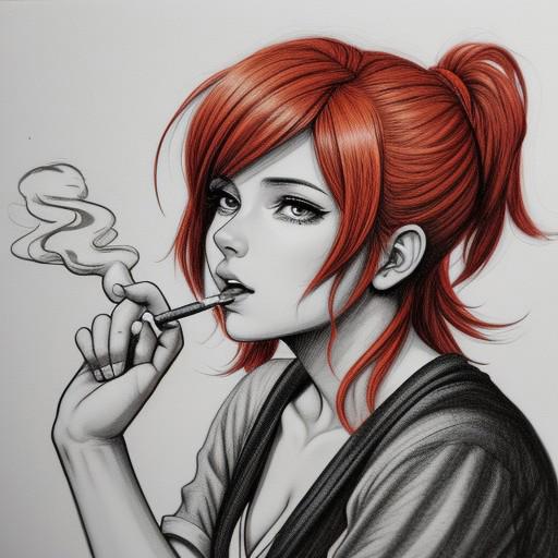 ink. Pencil black and white
Beautiful girl redhead anime style. Anime style. Smoking. Mature content. Black, white, red, orange colors. Shapes and dynamic in background Outlines -- --