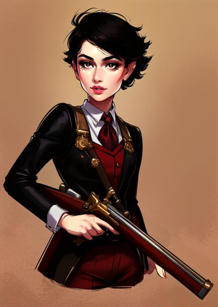 masterpiece, best quality, detailed lips, detailed face, detailed skin, 1girl, tomboy, short hair, skinny, holding weapon, antique firearm, musket, gun pointed down, rifle, flintlock, <lyco:gunsLoHatry3-000025:0.7>