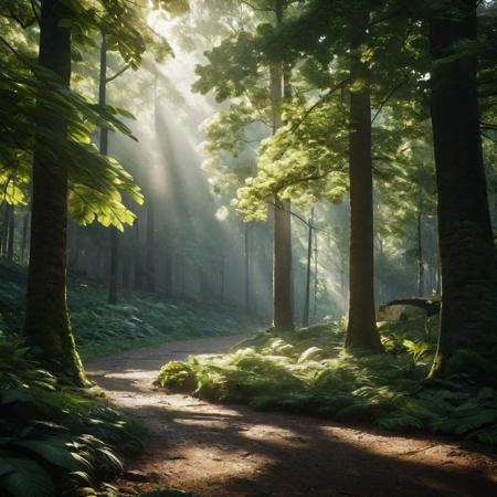 An immersive forest scene where advanced lighting techniques like HDR and ray tracing reveal intricate details and textures, focusing on a person in a sports bra with a striking Javanese appearance. The use of Unreal 5 technology, subsurface scattering, and PBR textures accentuates the realism and depth, while cinematic lighting and a large aperture create a soft, yet detailed visual. The composition benefits from hyper-resolution, showcasing a layered texture and nuanced skin tones under a canopy of trees, with sunlight filtering through in beams, creating a dynamic interplay of light and shadow. The scene adheres to the rule of thirds, with a focus on achieving an award-winning visual masterpiece through octane rendering and accurate simulation of light-material interactions. Created Using: immersive forest, advanced lighting, realistic textures, cinematic quality, hyper-resolution, rule of thirds, visual masterpiece, octane rendering