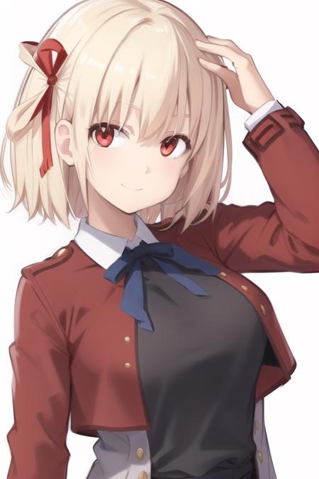 <lora:Chisato:0.7>, smile, 1girl, red_jacket, ribbon, solo, red_eyes, smile, hair_ribbon, upper_body, simple_background, white_background, looking_at_viewer, blonde_hair, short_hair, one_side_up, bangs, looking at viewer, masterpiece, best quality,