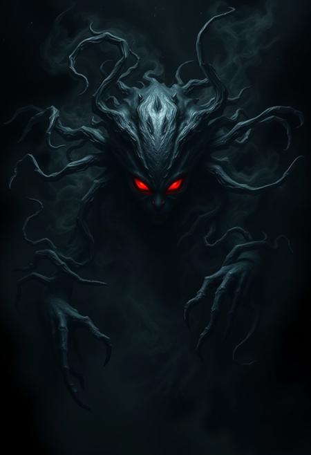 "Hyper-realistic depiction of a shadowy creature, its presence warping the fabric of reality around it. The creature's form is shrouded in darkness, with tendrils of shadowy energy snaking out from its body like living darkness. The air around it appears to ripple and distort, as if reality itself is bending to accommodate its presence. The background is a deep, inky black, with hints of stars and galaxies visible through the distortions. The creature's face is a void of pure darkness, with no discernible features except for two glowing red orbs that seem to burn with an otherworldly energy. Style: extremely detailed, hyper-realistic, and mind-bendingly surreal, with a focus on capturing the eerie, unsettling atmosphere of a reality-bending entity."