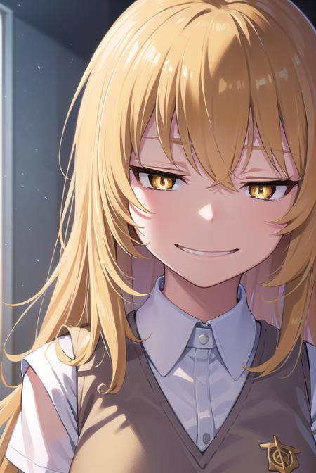 misakishokuhou, <lora:misakishokuhou-lora-nochekaiser:1>, 
misaki shokuhou, blonde hair, hair between eyes, long hair, (symbol-shaped pupils:1.5), (yellow eyes:1.5), (medium breasts:1.2), <lora:smirkingeye_v100:1>, <lora:smirkingmouth_v100:1>, smile,
BREAK elbow gloves, gloves, school uniform, short sleeves, summer uniform, sweater vest, tokiwadai school uniform, white gloves, (light brown sweater vest:1.2),
BREAK looking at viewer, upper body,
BREAK indoors, classroom,
BREAK <lora:GoodHands-vanilla:1>, (masterpiece:1.2), best quality, high resolution, unity 8k wallpaper, (illustration:0.8), (beautiful detailed eyes:1.6), extremely detailed face, perfect lighting, extremely detailed CG, (perfect hands, perfect anatomy),