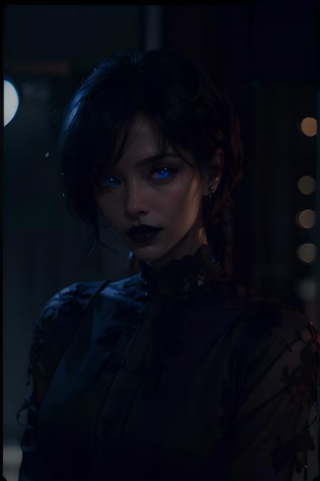 <lora:spotlight:1>, spotlight, gothgirl, bob haircut, black hair, night, upper body, black lips, eye contact, night street background, blue eyes, light in the eyes, beautiful lips, (Style-DA:1.1), (Style-DoF:1.2), night city lights,  <lora:gothgirl:0.7>, high detailed, high quality, masterpiece, perfect, intricate detailes, aesthetic, (polaroid), solo mid shot portrait photo, office fantasy background, charming smirking, by James Gilleard and Brian M Viveros ultra realistic highly detailed intricate photorealistic analog style photograph sharp focus on eyes, cinematic lighting