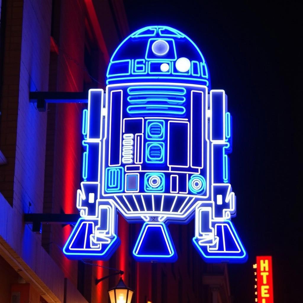 vintage neon sign in the style of R2D2 blue and white, hanging on a hotel