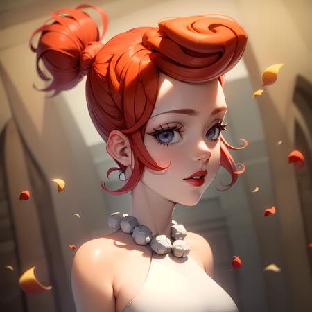 ((masterpiece, best quality)),(complex lighting) ,upper body, solo, Wilma flintstone, red hair, ponytail, <lora:Wilma_Flintstone1-0608:0.6>,white dress, pearl necklace, lipstick, gradient background, looking at viewer,