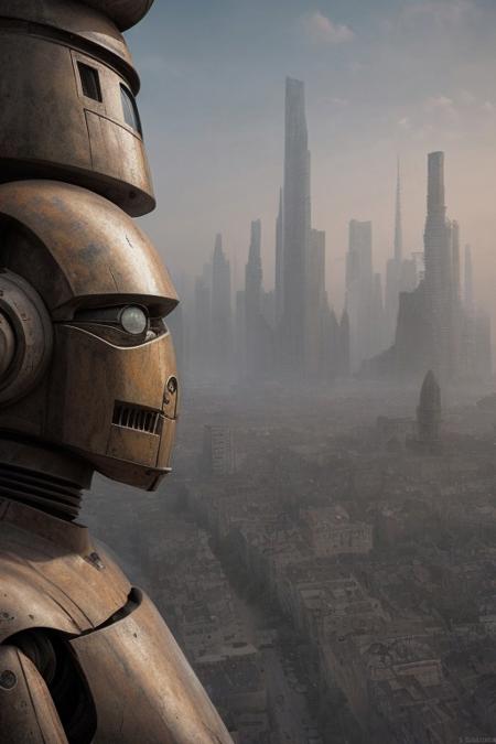 front side view, close-up, fantasy art, surrealism, grim, photorealism, hyger, a row of giant droids standing on a city wall, smog, epic, monumental, cinematic, mesmerizing, fine detail, close-up, dynamic, high detail, HDR, ultraHD, photorealistic