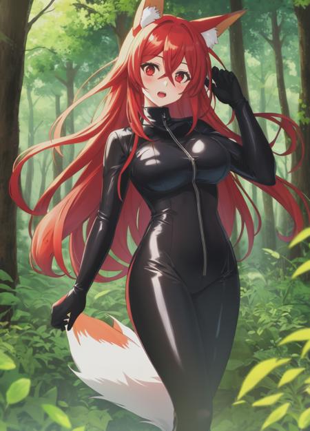 <lora:Flay-000001:1>, Flay, 1girl, animal ears, long hair, red hair, solo, breasts, fox ears, tail, bodysuit, fox tail, red eyes, looking at viewer, open mouth, large breasts, forest, nature, blush, outdoors, black bodysuit, hair between eyes, animal ear fluff, fox girl, very long hair, tree