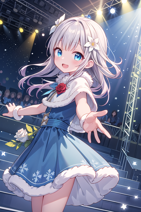 girl,audience,blue capelet,blue dress,blue eyes,capelet,catwalk (walkway),dot nose,dress,dutch angle,fang,film grain,flower,from side,fur-trimmed capelet,fur-trimmed dress,fur trim,glowstick,hair down,hair flower,hair ornament, idol,idol clothes,lens flare,long hair,looking at viewer,open mouth,outstretched arm,rose,smile,snowflakes,solo,sparkle,stage,stage lights,star (symbol),white flower,white rose ,