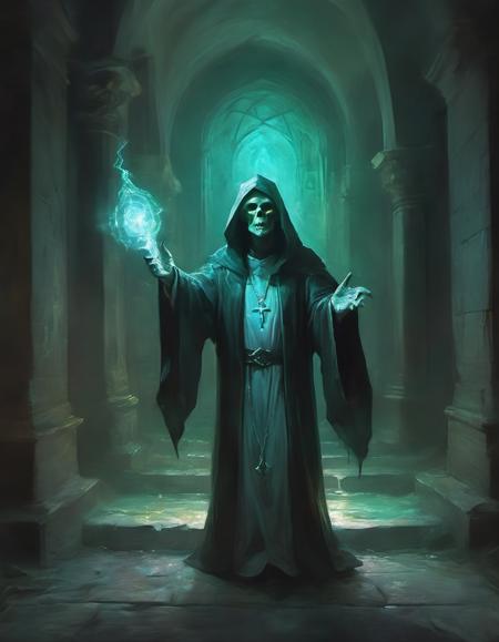 fearsome undead spectral glowing luminous liche priest mage ghost illuminating a dark abandoned stone hallway mythical creature by LaxpeintXL horror creature magical glowing light dust and lights