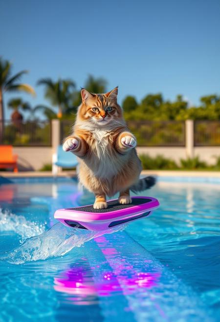 a sexy cat furry riding on a hoverboard above a swimming pool, leaving a cool water trail