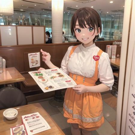 best quality, ultra-detailed, illustration,
AMTS, AMSC, solo, waitress, smile, restaurant, indoors, looking at viewer, 1girl, short hair, grin, orange skirt, orange apron, chair, shirt, holding, menu, table, 
 <lora:AMSC_AnnaMillers_uniform_SD15_V3:1>