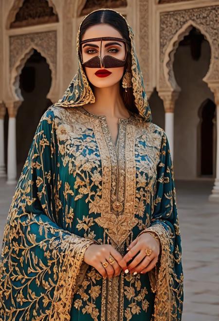 farabic_female_1 , ,full face a beautiful faced  woman dressed in an embroidery dress ,  with beautiful kaftan, best quality, 4k, ultra realistic , super quality, five finger hands, background of sheikh zayed mosque