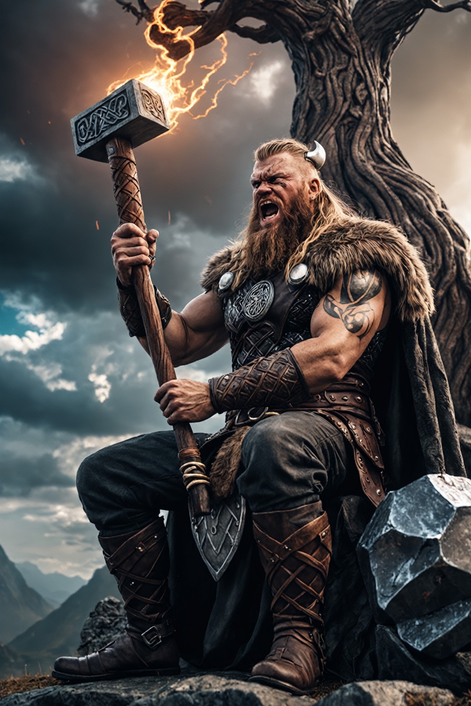 Closeup an angry viking holding Mjolnir, sitting near Yggdrasil, epic pose, epic light, glowing runes, epic sky, universe