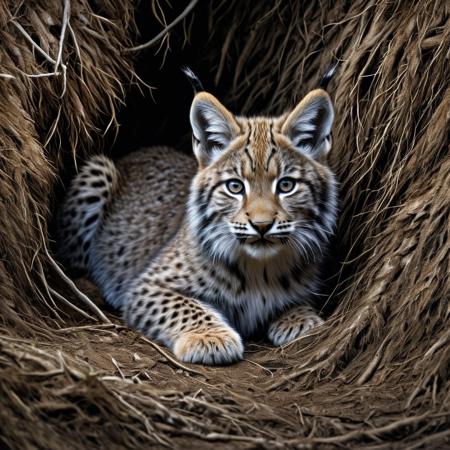 Hyper realistic photography, Carl Brenders style, lynx cub emerging sideways from under sheltering roots, eyes large and captivating, fur ruffling with the semblance of hiss, juxtaposition of menace and charm, unusual angle highlighting the cub's gaze, richly textured background, dramatic lighting, ultra fine detail.