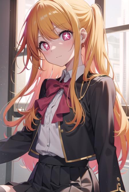 rubyhoshino, <lora:rubyhoshino-lora-nochekaiser:1>, 
ruby hoshino, (yellow hair:1.5), long hair, one side up, (pink eyes:1.5), sidelocks, (star-shaped pupils:1.5), (symbol-shaped pupils:1.5), (mismatched pupils:1.5),
BREAK black vest, blue jacket, bow, bowtie, collared shirt, cropped jacket, jacket, kneehighs, long sleeves, pink bow, pink bowtie, pleated skirt, school uniform, shirt, skirt, socks, vest, white shirt, white socks, youtou high school uniform,
BREAK looking at viewer,
BREAK indoors, classroom,
BREAK <lyco:GoodHands-beta2:1>, (masterpiece:1.2), best quality, high resolution, unity 8k wallpaper, (illustration:0.8), (beautiful detailed eyes:1.6), extremely detailed face, perfect lighting, extremely detailed CG, (perfect hands, perfect anatomy),