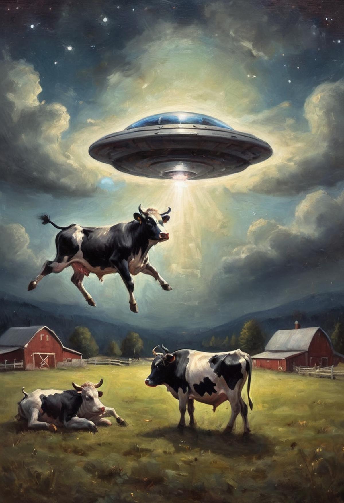 A painting of a cow and a bull standing next to each other while a flying saucer is in the background.