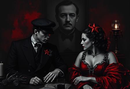 macabre, noir, pallet:<red,black,white,gray>, Soviet Romeo and Bolshevik Juliette