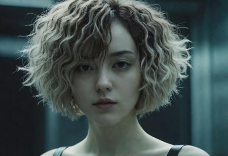 cyborg young woman, dark cyberpunk, highly detailed face, pale fragile delicate body, messy frizzy bob cut hair, (stylish haircut:0.9), minimal cyberware, cinematic scene, cinematic lighting, analog style photo, grainy amateur lo-fi photo, desaturated colors, low contrast, upper body shot