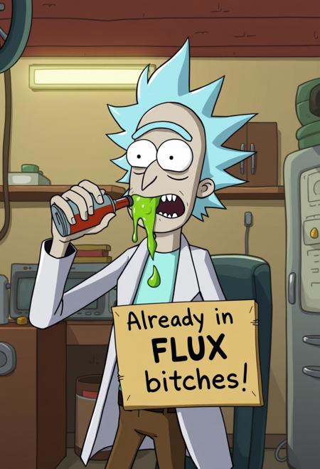 cartoon, Title "Rick and Morty", Rick Sanchez in the garage, drinking form a hip flask. green vomit dripping from mouth, Looking at the viewer, holding a sign "Already in FLUX bitches!"