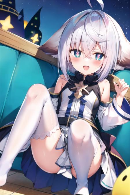 <lora:wamdus:0.6>best illustration, 2D, sfw, BREAK
wamdus, thst, 1girl, thighhighs, ahoge, blue eyes,  solo, white thighhighs, symbol-shaped pupils, bare shoulders, bangs, hair between eyes, white hair, detached sleeves, short hair, sleeveless, dress, animal ears, white dress, long sleeves BREAK
:d,  ,night,squatting,paizuri,sideways