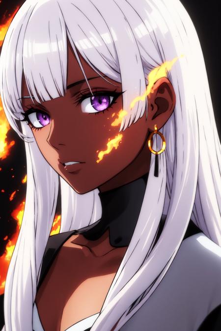 1girl, wanostyle, white_hair, fire, a girl with white hair and blue eyes wearing a white dress and black wings in front of a dark background with fire behind her, bare_shoulders, closed_mouth, dark-skinned_female, ((dark_skin)), hoop_earrings, long_hair, looking_at_viewer, purple_eyes, star_eyes, solo, upper_body, white_hair, (((masterpiece))), ((best quality)), (extremely detailed), watercolor, illustration, depth of field, sketch, dark intense shadows, sharp focus, soft lighting, hdr, colorful, good composition