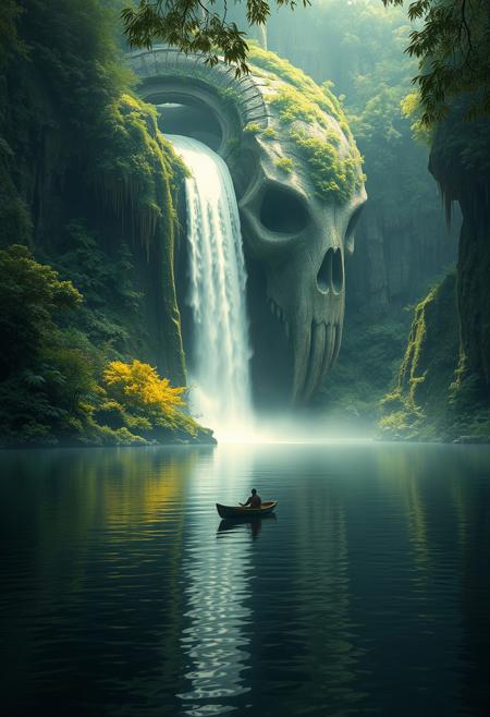 cinematic, serene natural scene, a person in a small boat on a calm body of lake, an impressive waterfall cascading down from a giant creatureâs skull with lush vegetation growing around it, The skull should be seamlessly integrated into the landscape, ethereal and mystical atmosphere, Sunlight should filter through the canopy above, highlighting the tranquil and otherworldly quality of the scene, beautiful reflection, realistic, <lora:sdxl_lightning_8step_lora:1>, <lora:zavy-cntrst-sdxl:1>, <lora:SDXLFaeTastic2400:0.5>, <lora:Warm Lighting Style:0.4>, <lora:MJ52:0.4>
