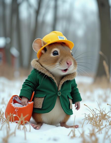 A vivid portrayal of a mouse in a winter setting. The mouse is dressed in a green coat with a fur collar, the trees are bare and in winter mode, its very cold, the grass is covered in snow,  he's very small against the scenery, the mouse is wearing yellow hard hat and a lunch bag,
