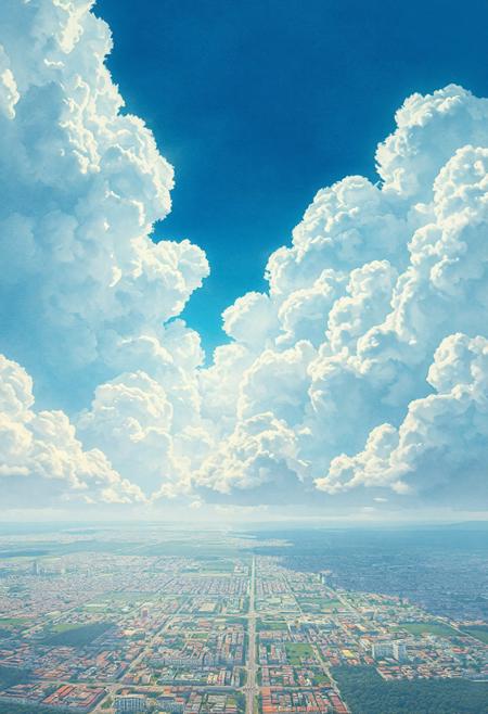 "Wide cinematic view of a peaceful city at the horizon, under a vast anime-style sky filled with massive textured cloud cover, detailed fluffy bumps and dynamic folds, scattered open patches revealing bright blue sky, soft volumetric sunlight streaming through gaps, Ghibli-inspired scenic art, pastel color palette (baby blue, light pink, soft white), ultra detailed watercolor texture, emotional and dreamy atmosphere, wide aspect ratio (21:9), visible distant skyline, hyper-realistic 4K rendering, tranquil feeling."