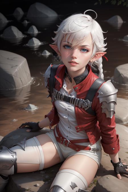 masterpiece, best quality, 1girl, alisaie, single braid, hair ribbon, red jacket, shoulder armor, red fingerless gloves, white shirt, red belt, white shorts, thigh boots, sitting, looking at viewer, looking up, serious expression, rocks, gravel <lora:alisaie-nvwls-v1-000012:0.9>