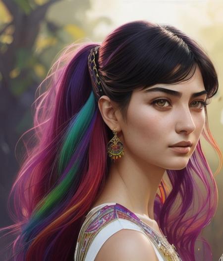 beautiful young woman(zxzxtuba), intricate colorful hair with , sunlight, beautiful lighting, vibrant lighting, intricate, highly detailed, elegant, smooth, by Ruan Jia and Artgerm and Anton Fadeev<lora:tuba2bat20ecos-000009:1.0>