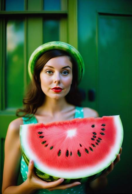 A cinematic still, brunette bombshell and her alien watermelon friend, Leica M3, film grain