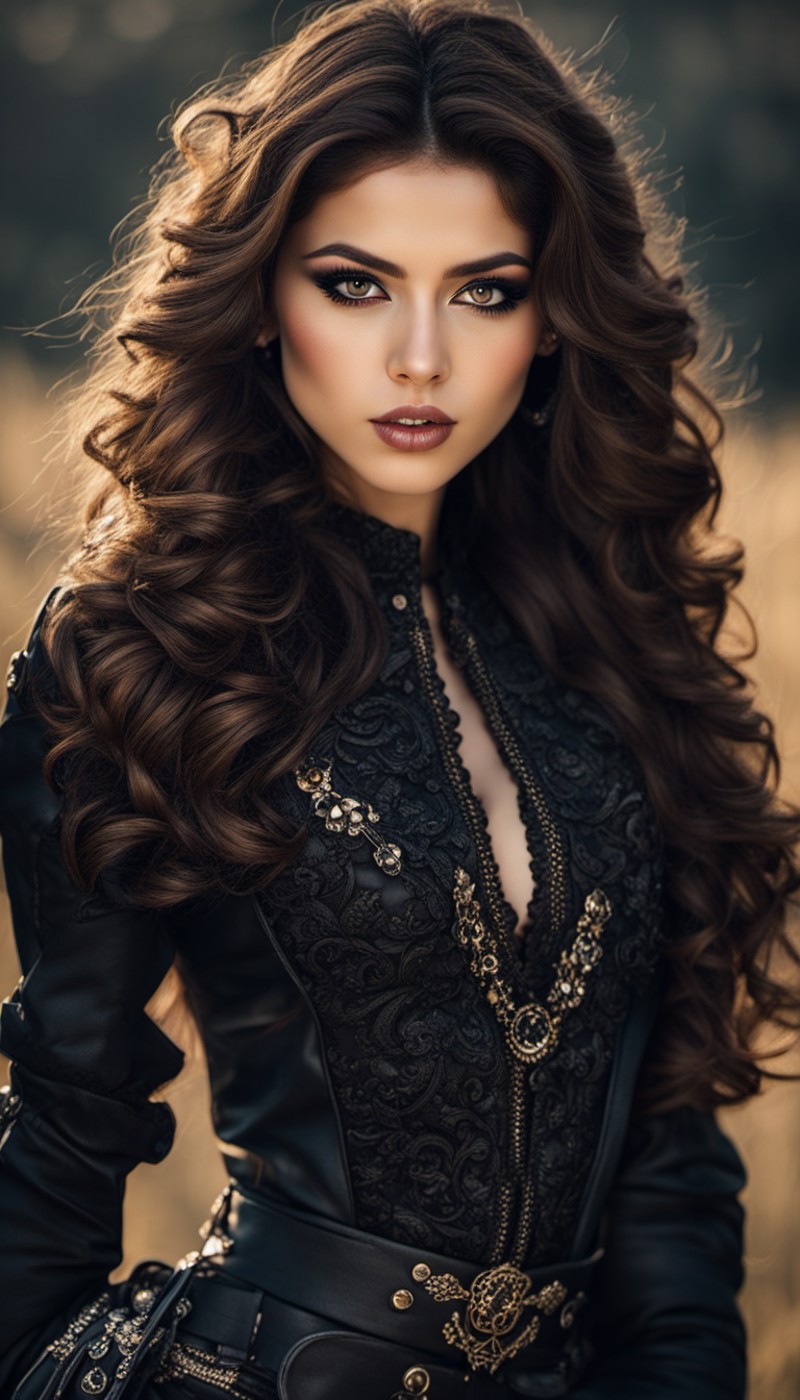 (beauty 1.3) photo of a vivacious Iranian girl, Striking eyes, voluminous wavy hair, lipgloss, wearing black intricately d...