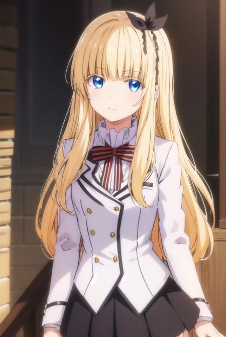 julietpersia, <lora:juliet persia s1-lora-nochekaiser:1>,
juliet persia, long hair, bangs, blue eyes, blonde hair, black ribbon, black bow, hair ribbon, hair bow, smile,
BREAK skirt, shirt, thighhighs, long sleeves, school uniform, jacket, white shirt, pleated skirt, shoes, striped, miniskirt, bowtie, black skirt, red bow, zettai ryouiki, black ribbon, garter straps, blazer, (white jacket:1.5), striped bow, striped bowtie,
BREAK indoors, classroom,
BREAK looking at viewer, (cowboy shot:1.5),
BREAK <lyco:GoodHands-beta2:1>, (masterpiece:1.2), best quality, high resolution, unity 8k wallpaper, (illustration:0.8), (beautiful detailed eyes:1.6), extremely detailed face, perfect lighting, extremely detailed CG, (perfect hands, perfect anatomy),