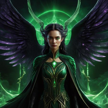 ((best quality)), ((masterpiece)), ((realistic,digital art)), (hyper detailed),DonMD34thM4g1cXL, female Harpie,mythical creature, upper body of a woman,  wings and lower body of a bird, vicious and malevolent, fantasy, Retirement age, Broad, Pacific Islander, Green eyes,   U-Shaped Chin, Angular Jaw, Sunken Cheeks,     , Emerald Green Straight haircut hair, Interest, Rune Invocation, Tracing runes in the air for spell activation,  wearing Solar Flare,Bewitching,Brass,Ethereal Ectoplasm,Aura,Sparkle,Enkindle Elven Gown , Lace-up boots, , ,,, Bewitch (Studs,Warp Core Foundations Diffusion,Brownian motion,Lemon,Gamboge Illusionary,Enveloping,Charm ,Transcendent,Sorcerous,Captivating,Wavy lines,Star ,Laser Skies,Hexagonal Prism magic:1.0), Tracing symbols with a quill on parchment, crafting spells with precision, Enchanted Moonlight<lora:DonMD34thM4g1cXL_v3.0-000015:0.85>