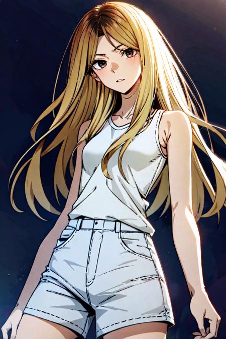 masterpiece, high quality cg, anime, illustration, best quality, 1girl, bound, bondage, beautiful face, detailed face, cowboy shot, Han Jia, 1girl, solo, long hair, blonde hair, simple background, shirt, white background, bare shoulders, brown eyes, collarbone, white shirt, short shorts, sleeveless, tank top, very small breast, bare legs, <lora:HanJia:.9>